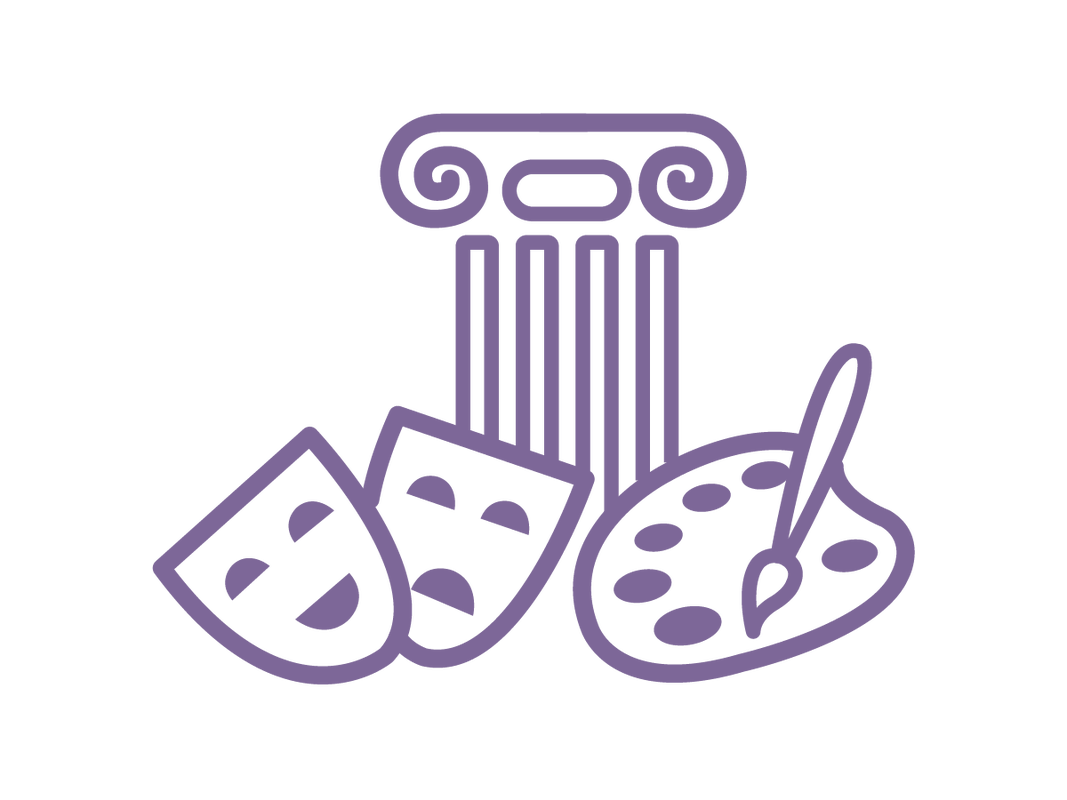Purple illustrated icon of two masks (one happy and one sad), a palette and paintbrush, and a short column.