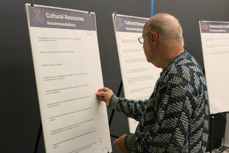 Placing dots on boards at Richland Library St. Andrews - image of a gentleman placing a dot adjacent to one of the cultural resources recommendations.