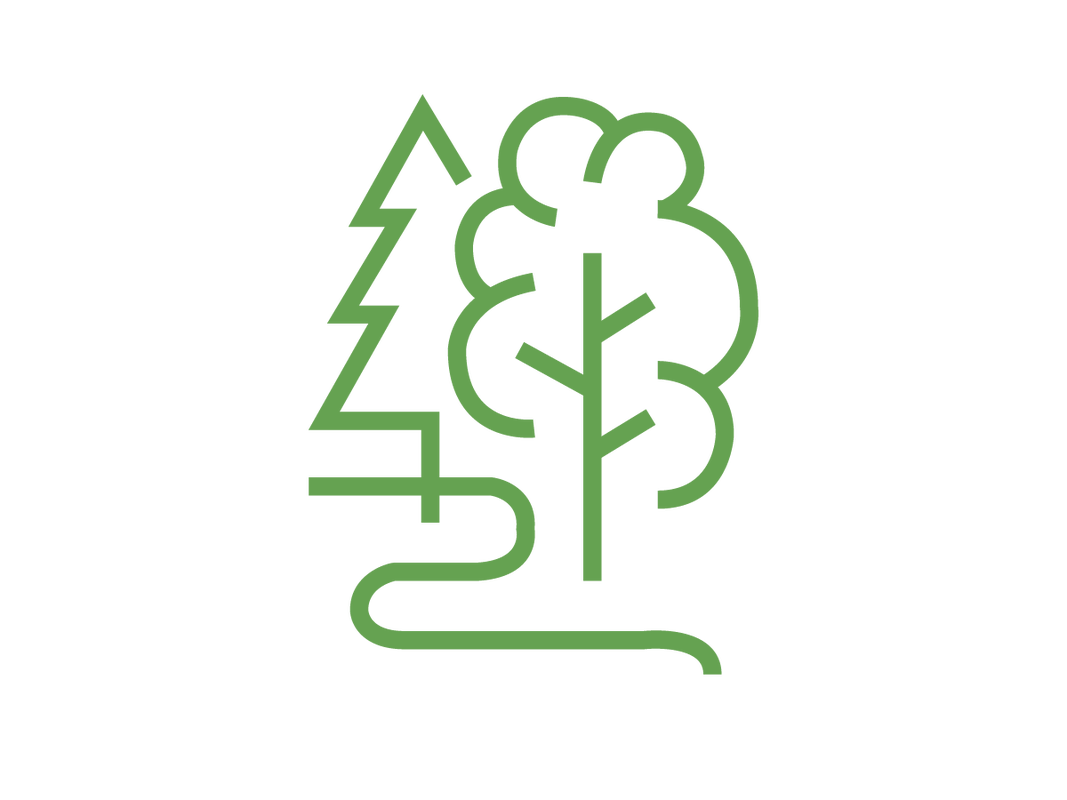 Green illustrated icon showing two trees and a stream or river in the foreground.