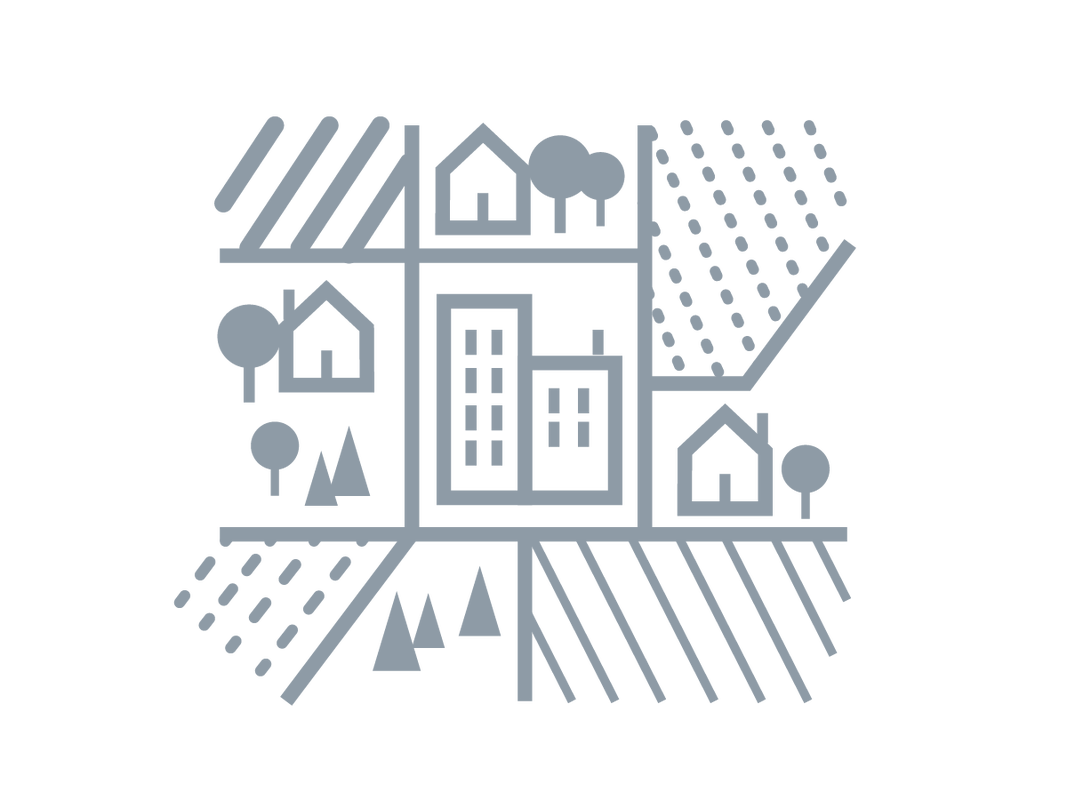 Grey illustrated icon showing a patchwork of various land use types, with structures and patterns representing houses, trees, farmland, and taller buildings.