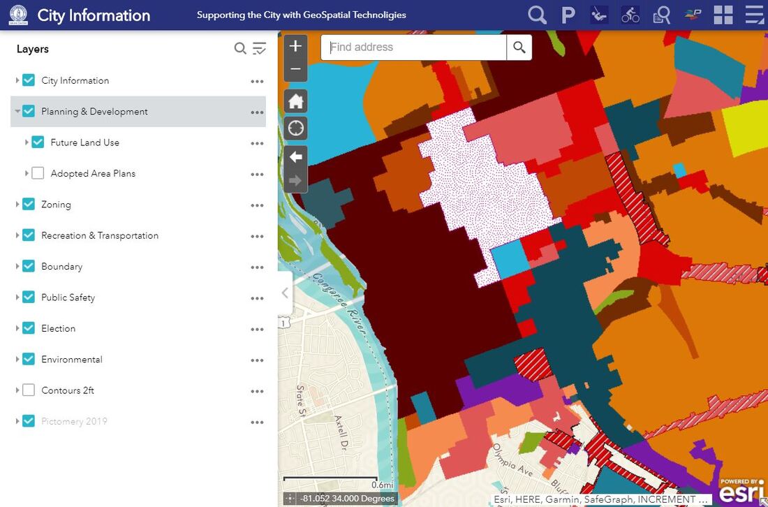 Screenshot of the City Information Viewer, which is an interactive GIS map, showing the Future Land Use for the downtown core.