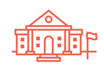 Red illustrated icon of a civic building with two columns and a flag out front.